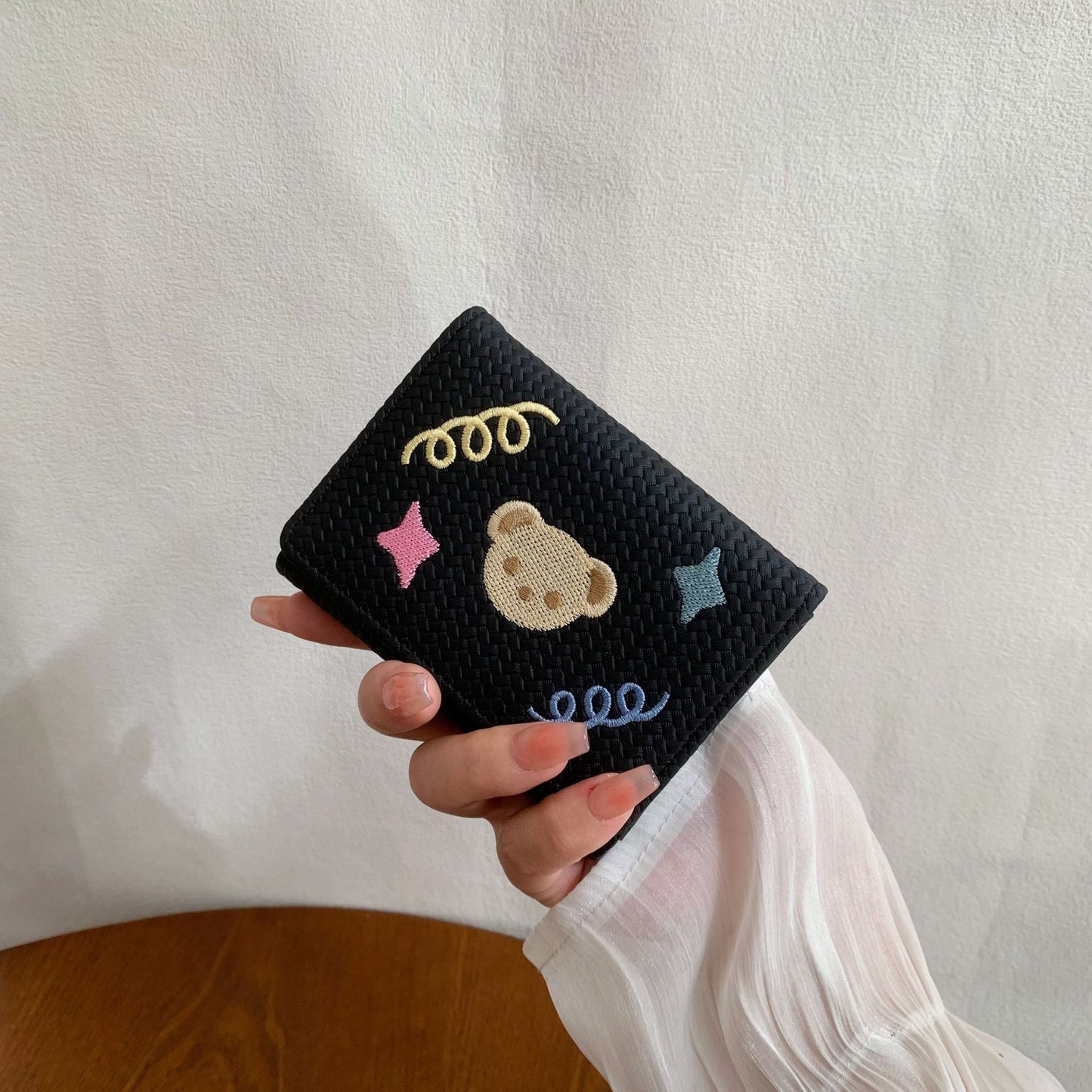 Women's Trifold Bear-Embroidered Wallet