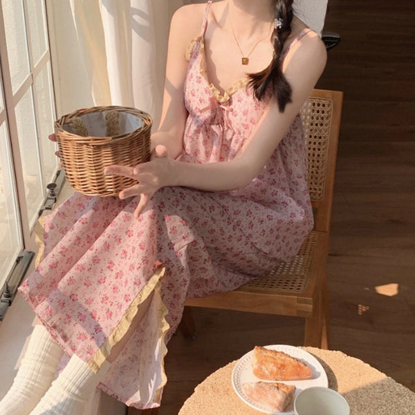 Korean Style V-neck with Chest Pads Floral Sleepwear