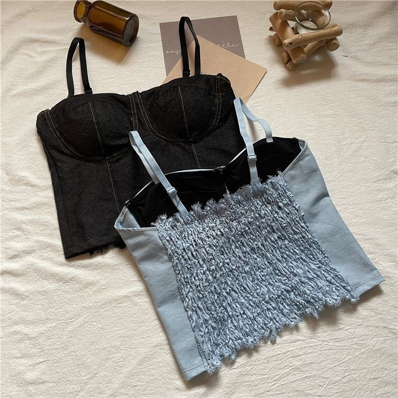 Denim Corset-Style Padded Crop Top