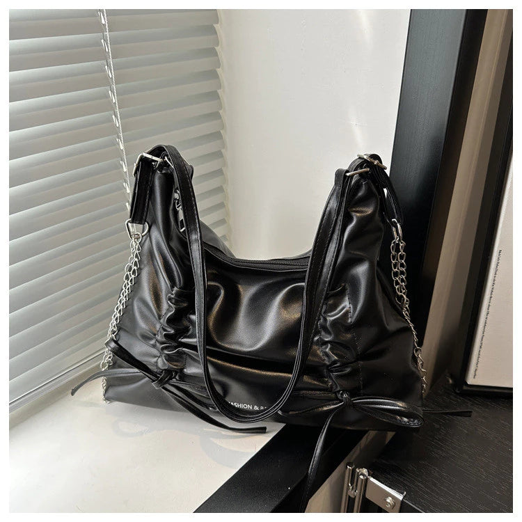 2-Way Soft Ruched Shoulder Bag with Chain Accent