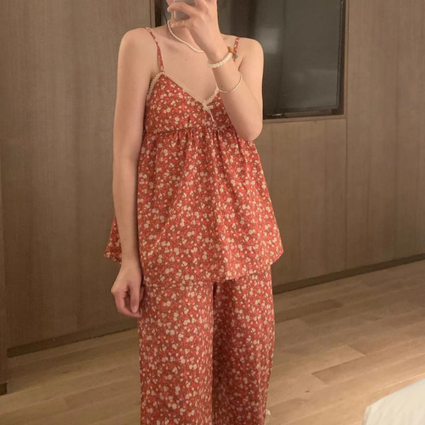 Korean Style V-neck with Chest Pads Floral Sleepwear