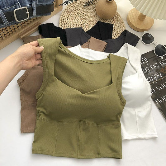 Corduroy  Square Neck Padded Crop Top