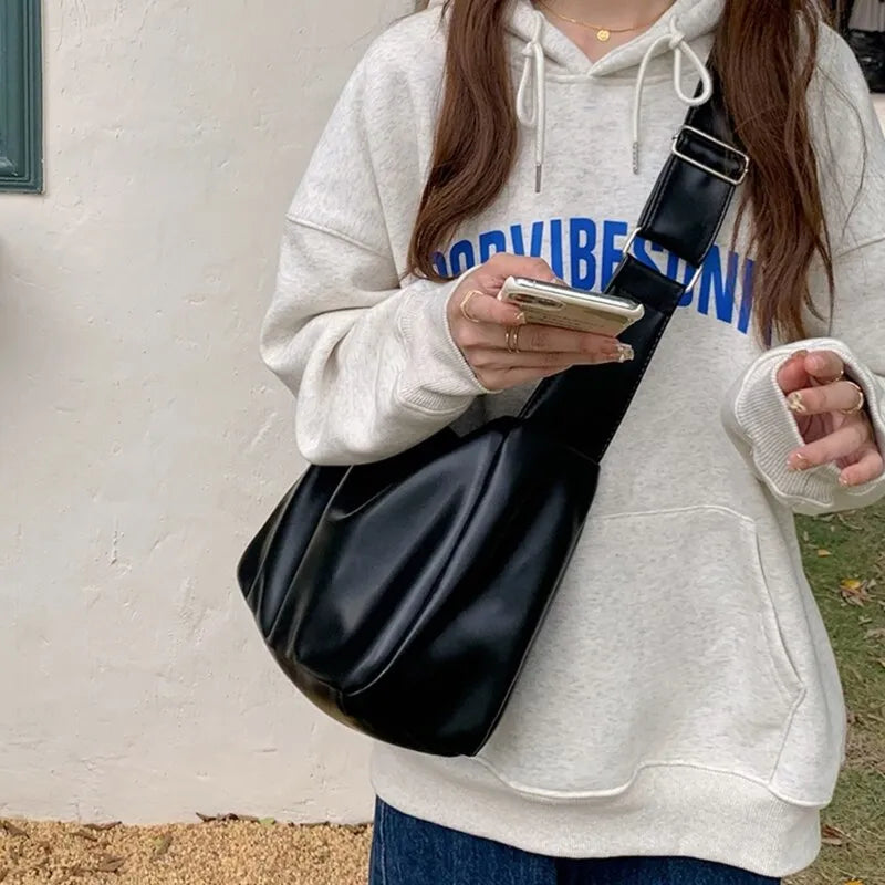 Minimalist Soft Leather Wide Strap Shoulder Bag