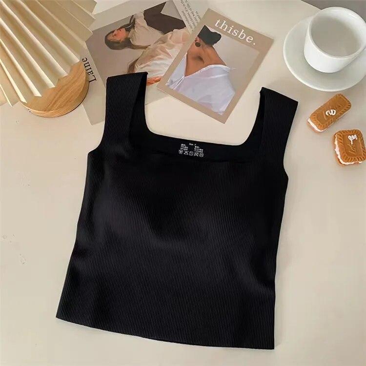 Seamless Wide Shoulder Padded Camisole Square Neck Top