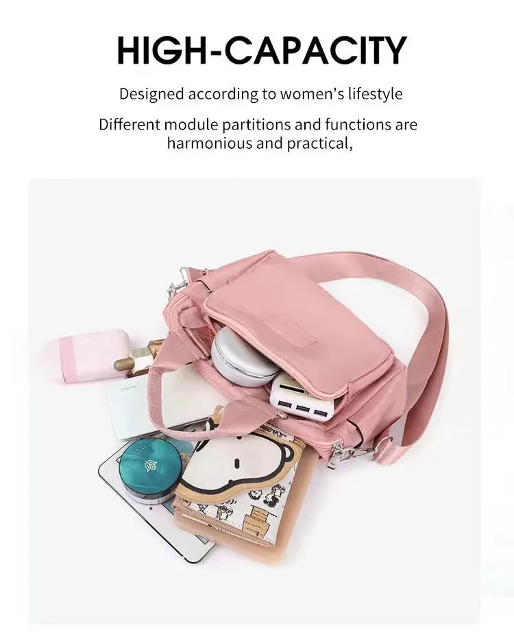 Multicompartment Nylon Crossbody Bag with Adjustable Strap