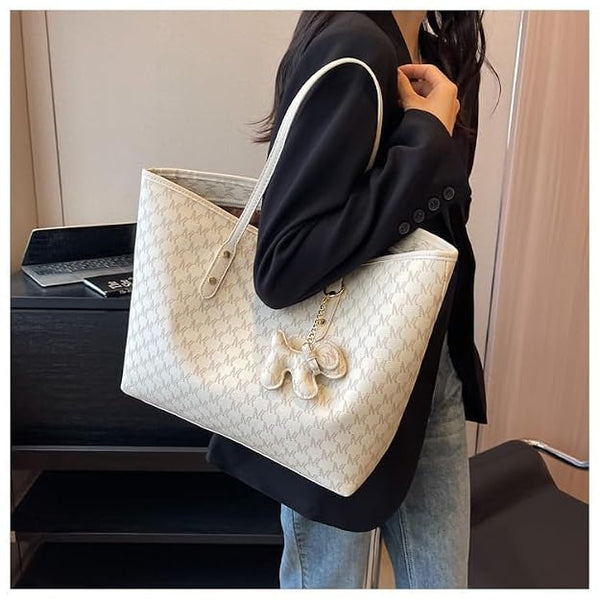 Large Capacity Leather Tote Bag with Dog Keychain