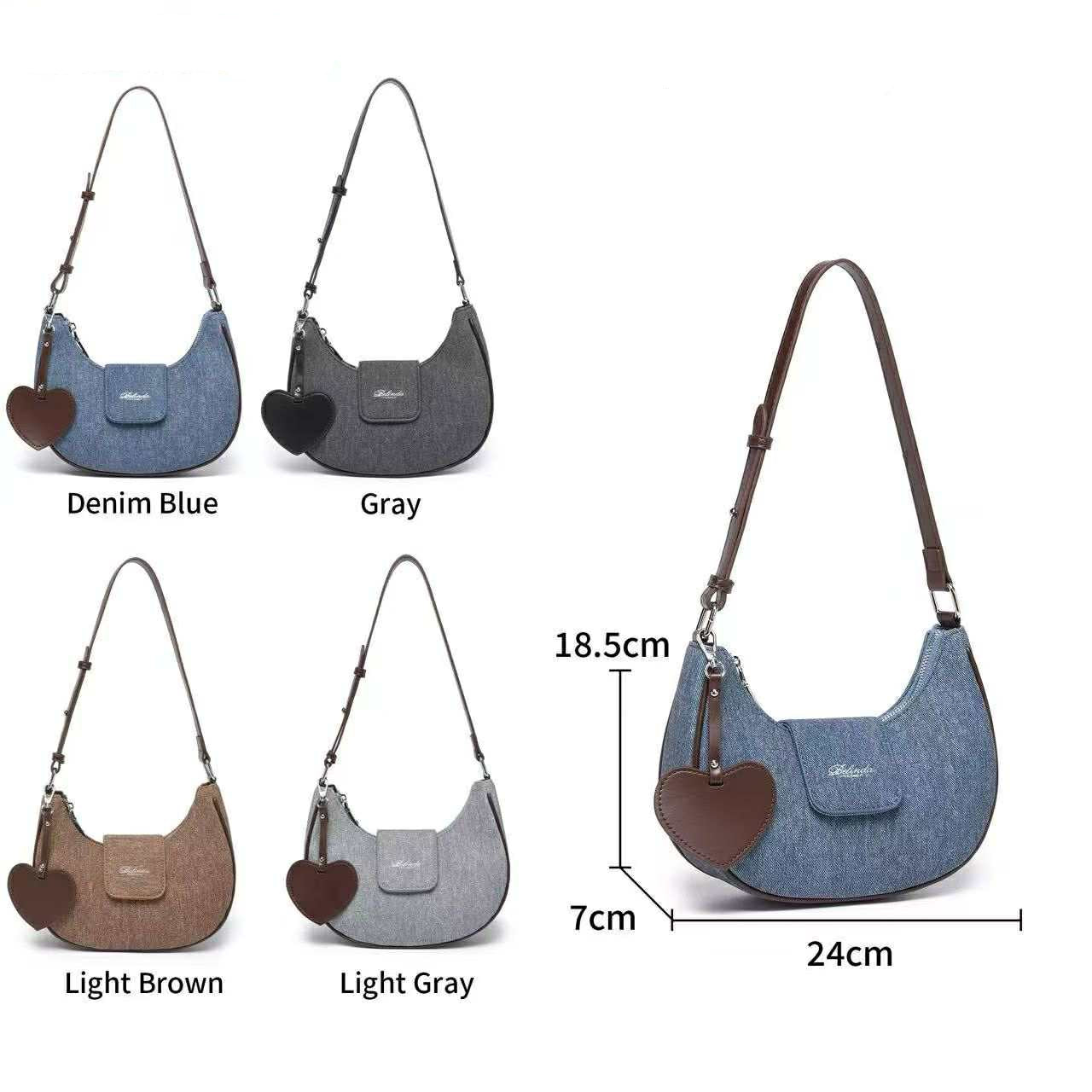 Denim Heart Charm Shoulder Bag