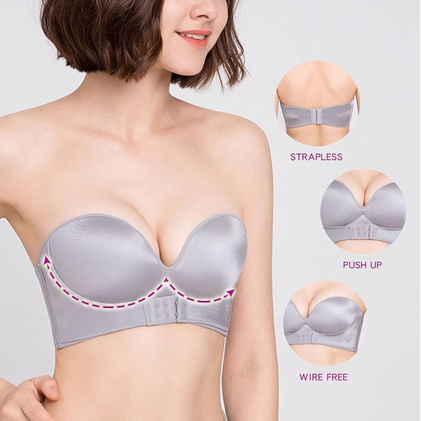 Seamless Strapless Push Up Front Buckle Lift Bra