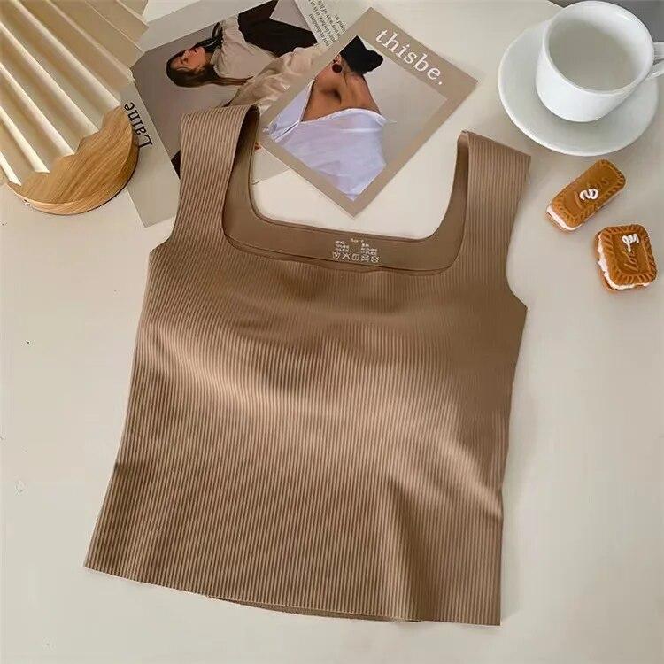 Seamless Wide Shoulder Padded Camisole Square Neck Top