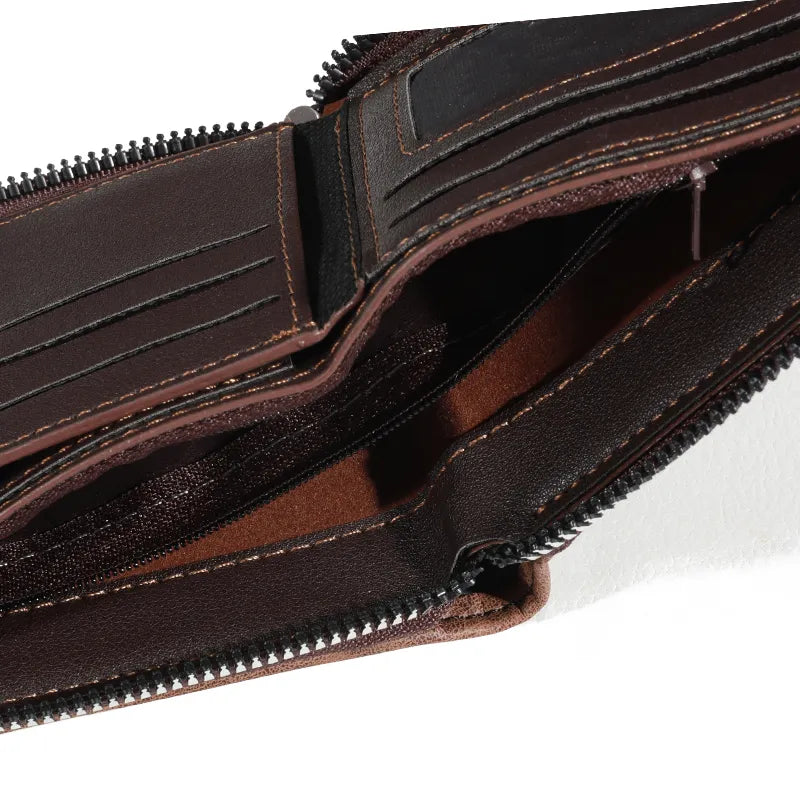 Men's Vintage Leather Tri-Fold Zipper Wallet