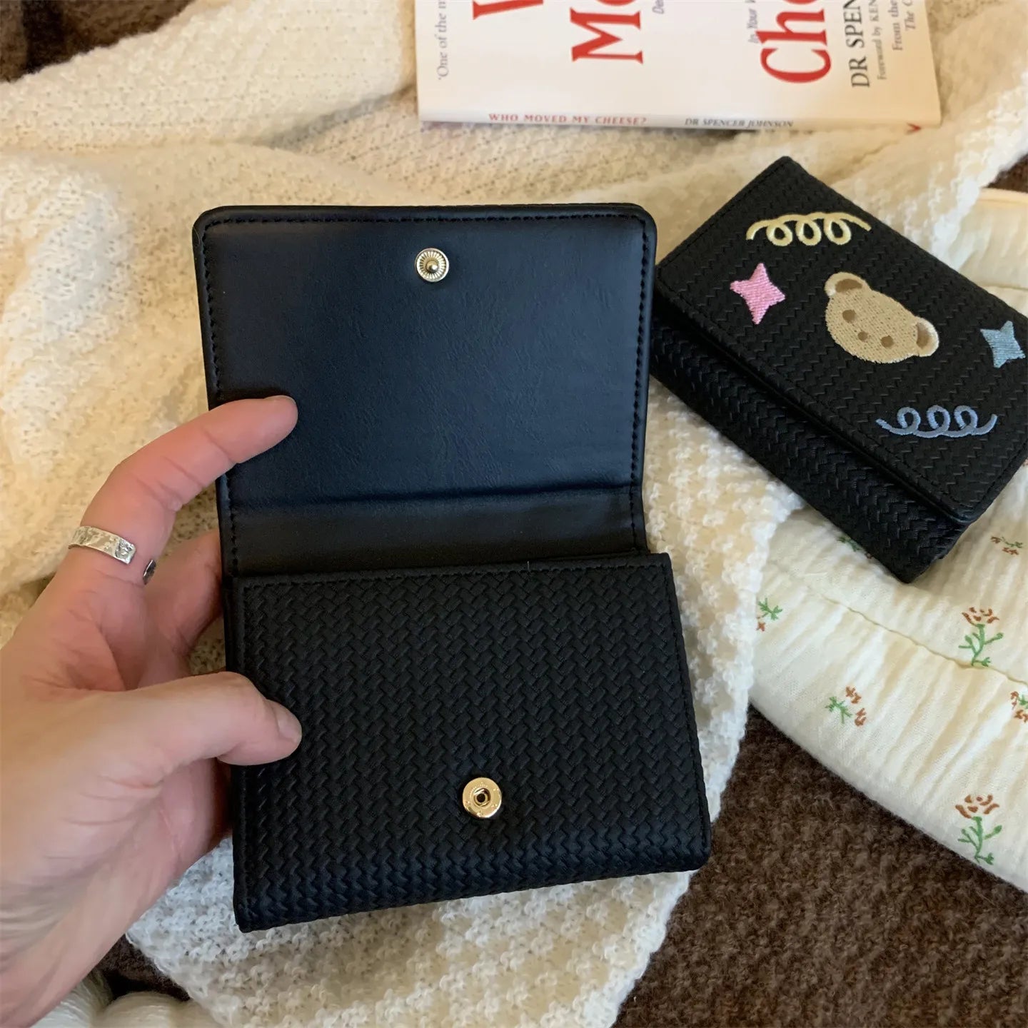 Women's Trifold Bear-Embroidered Wallet