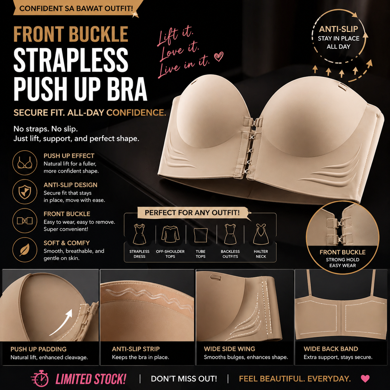 Front Buckle Strapless Anti-Slip Push Up Bra