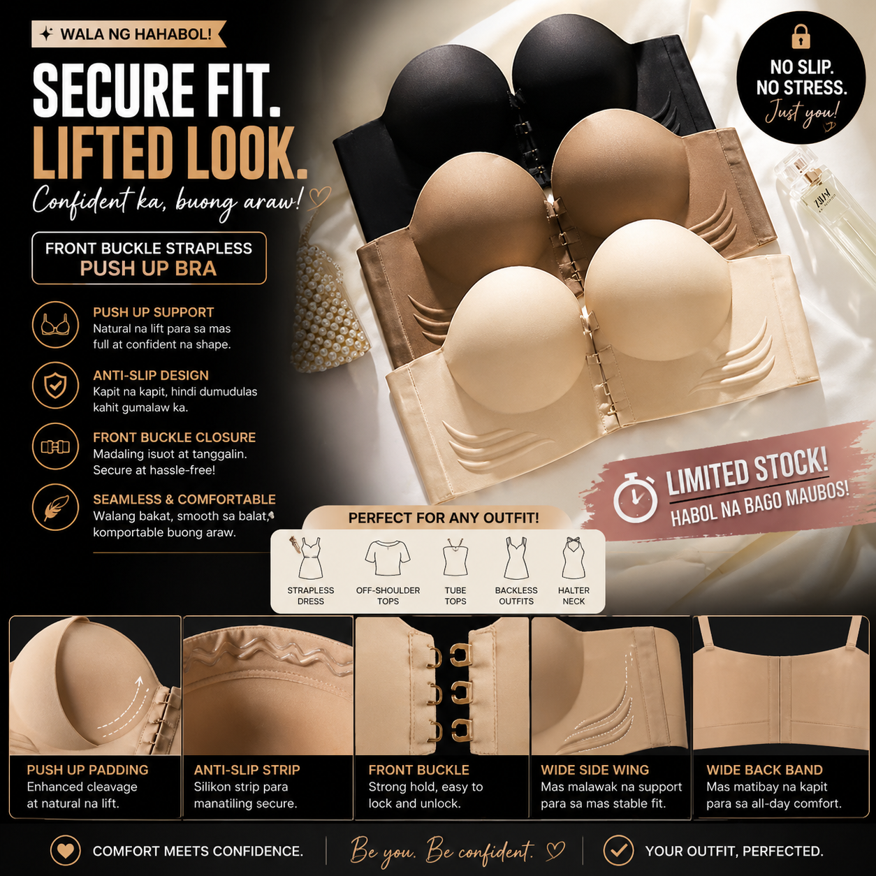 Front Buckle Strapless Anti-Slip Push Up Bra