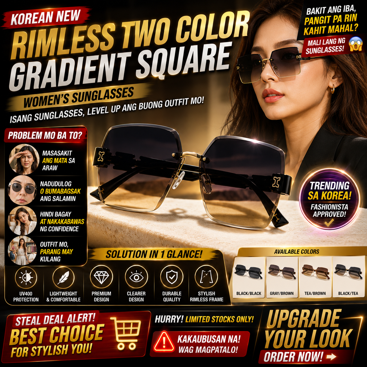 Korean NEW Rimless Two Color Gradient Square Women's Sunglasses