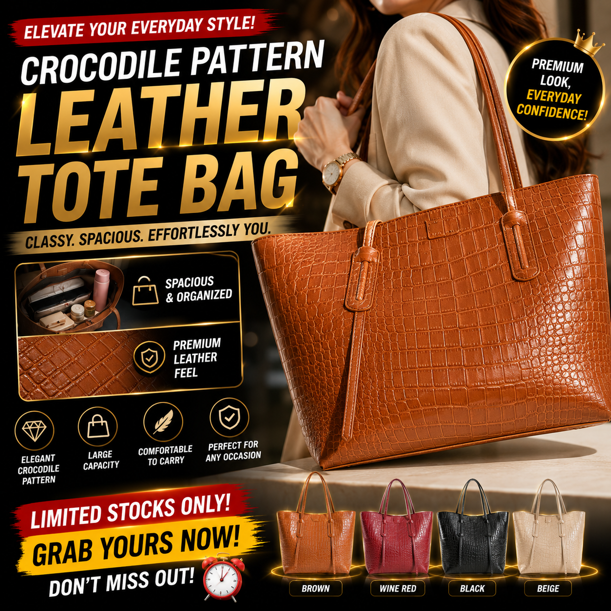 Crocodile Pattern Leather Tote Bag