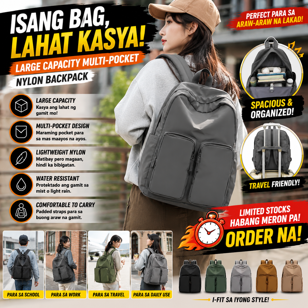 Large Capacity Multi-Pocket Nylon Backpack