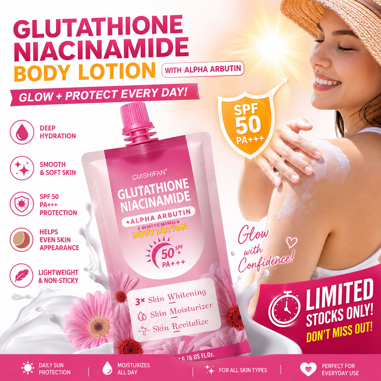 Cuishifan Glutathione Niacinamide + Alpha Arbutin Body Whitening Lotion With SPF 50 PA+++