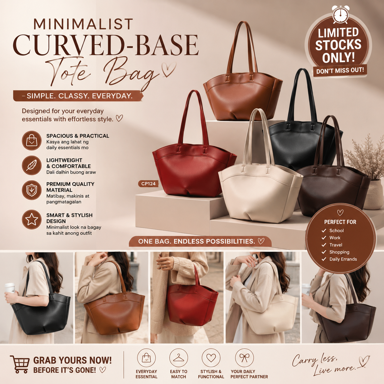 Minimalist Curved-Base Tote Bag
