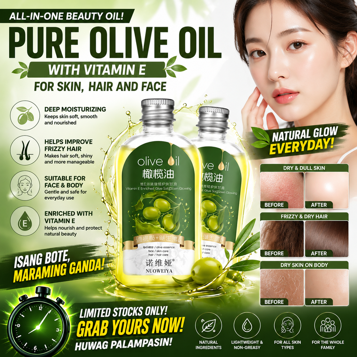 Pure Olive Oil with Vitamin E for Skin, Hair and Face