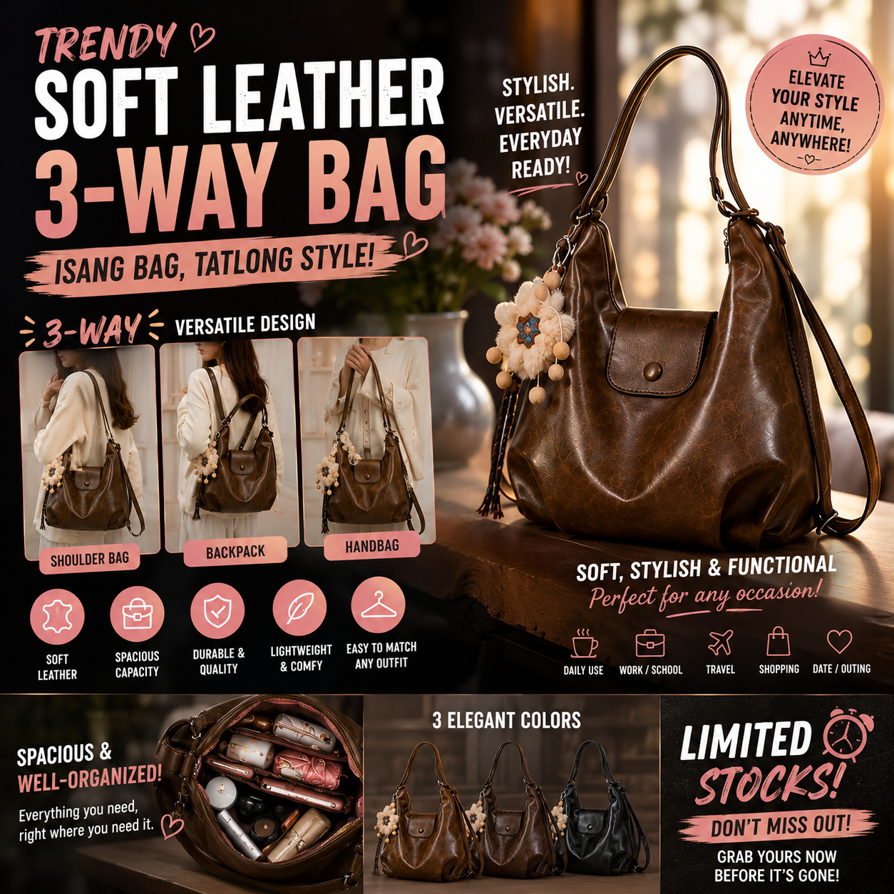 Trendy Soft Leather 3-Way Bag