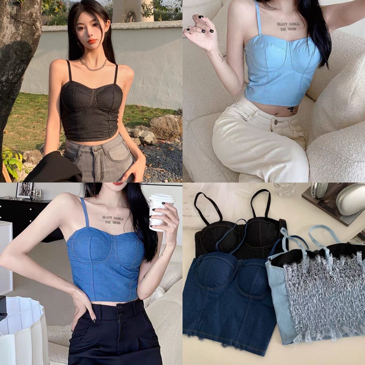 Denim Corset-Style Padded Crop Top