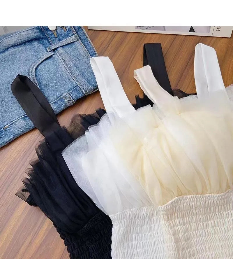Smocked Tulle Ruffle Camisole Top