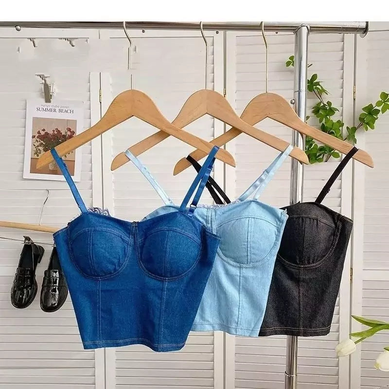 Denim Corset-Style Padded Crop Top