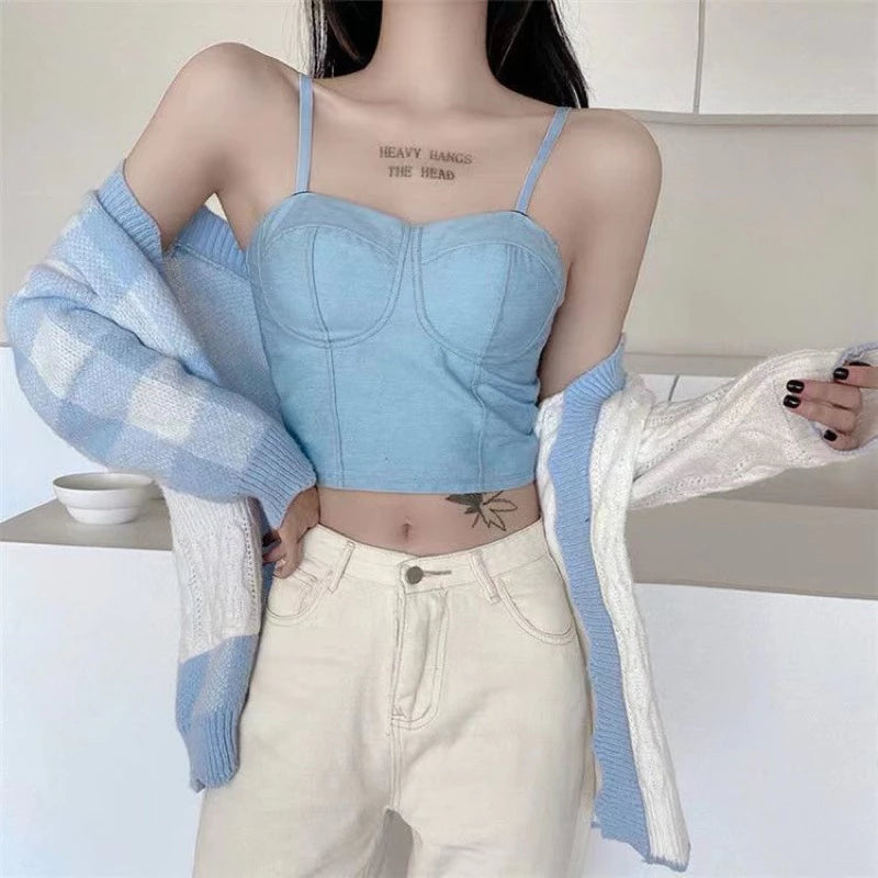 Denim Corset-Style Padded Crop Top