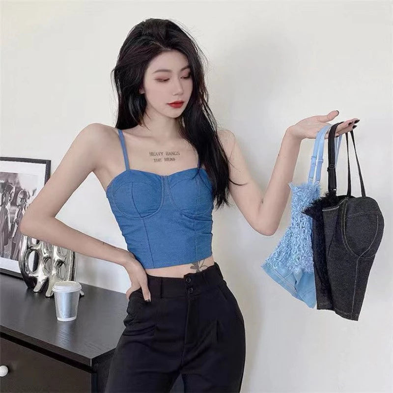 Denim Corset-Style Padded Crop Top