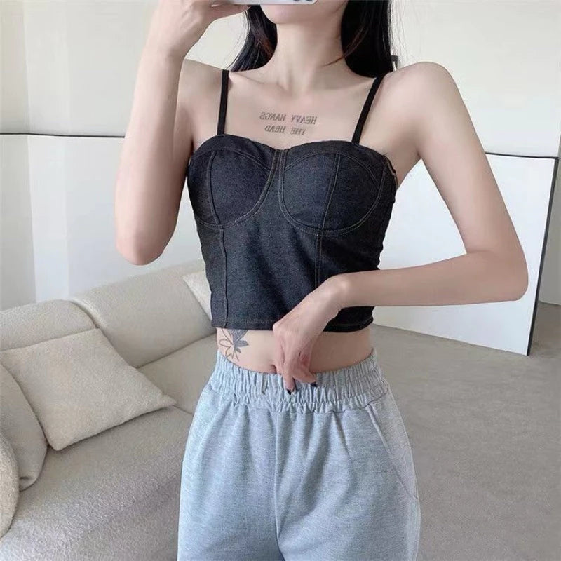 Denim Corset-Style Padded Crop Top