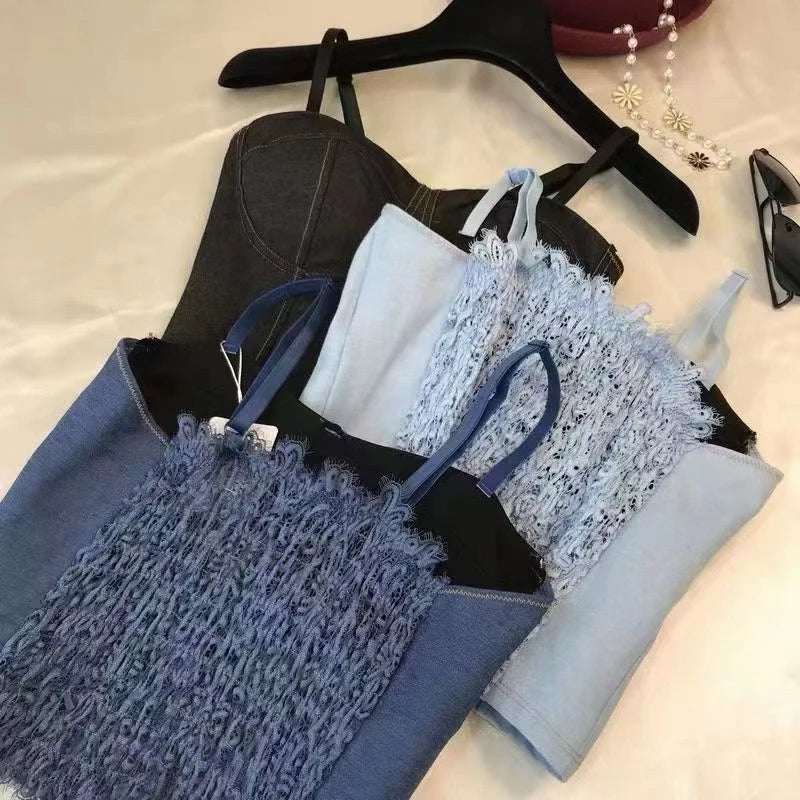 Denim Corset-Style Padded Crop Top