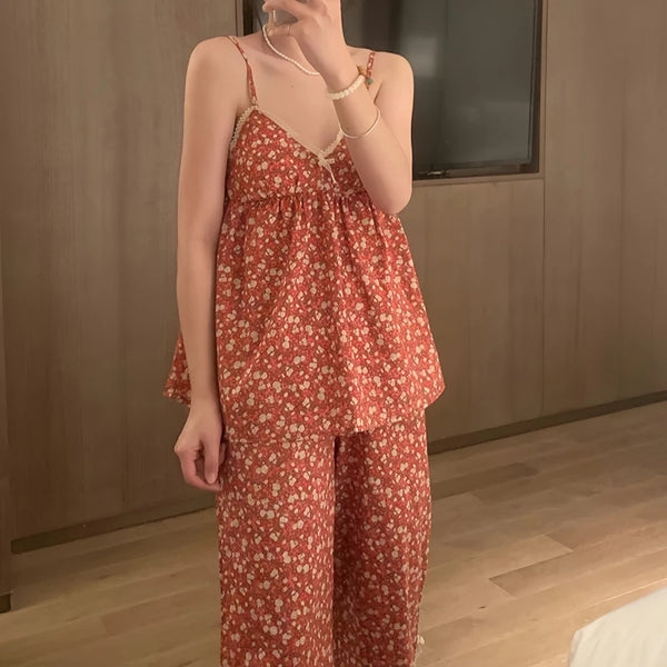 Korean Style V-neck with Chest Pads Floral Sleepwear