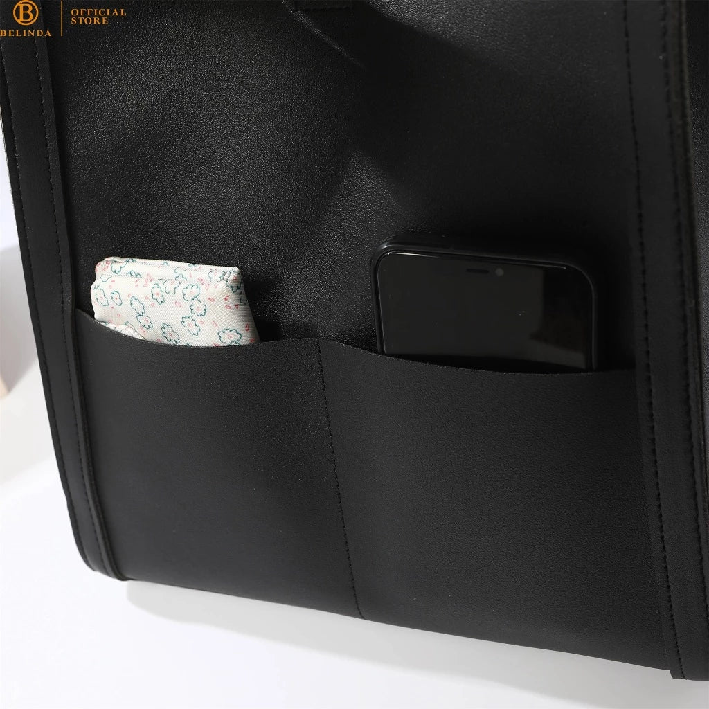 Two Front Pocket Leather Tote Bag