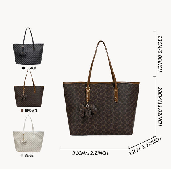 Large Capacity Leather Tote Bag with Dog Keychain
