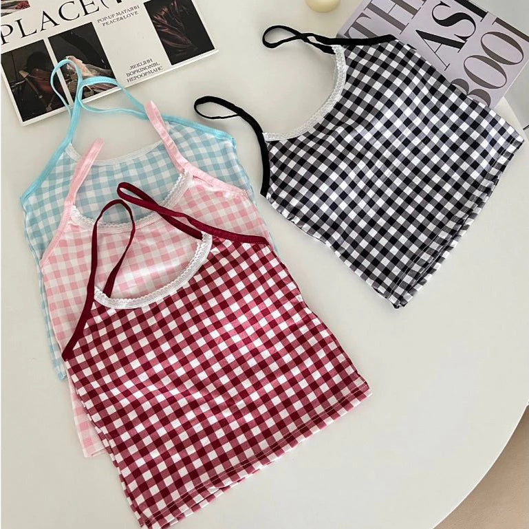 Plaid Lace-Trim Padded Camisole