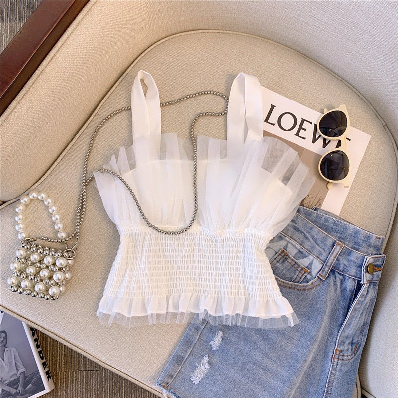 Smocked Tulle Ruffle Camisole Top