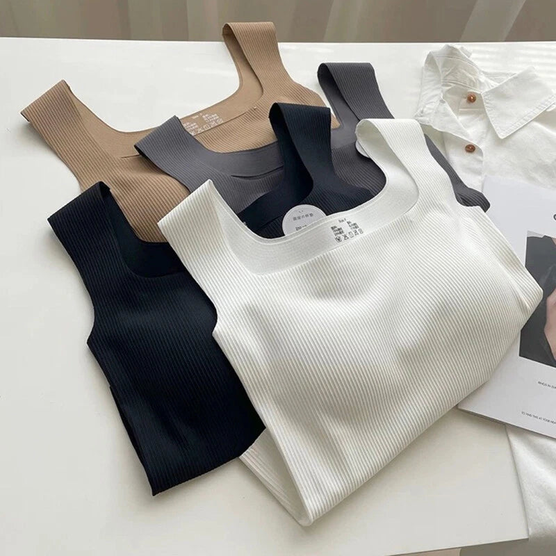 Seamless Wide Shoulder Padded Camisole Square Neck Top