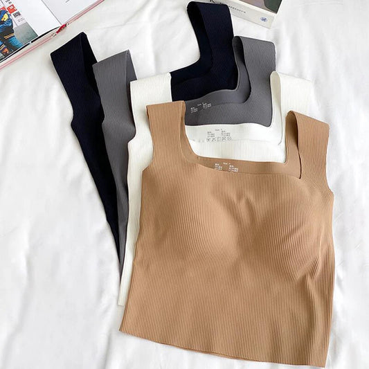 Seamless Wide Shoulder Padded Camisole Square Neck Top