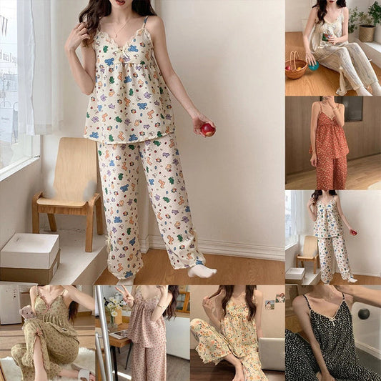 Korean Style V-neck with Chest Pads Floral Sleepwear