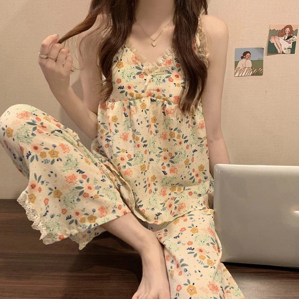 Korean Style V-neck with Chest Pads Floral Sleepwear