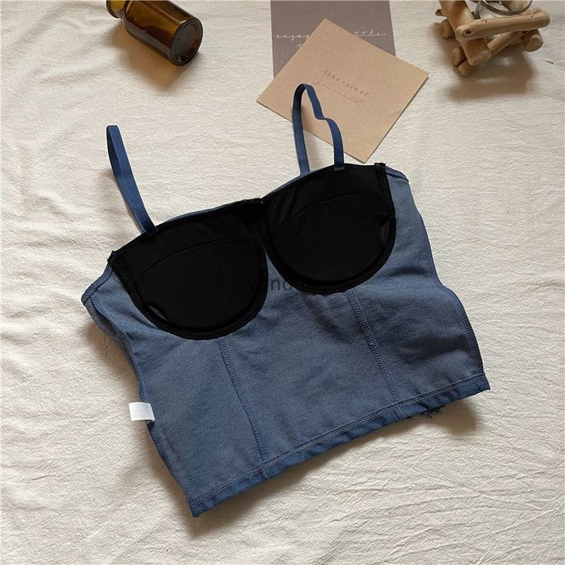 Denim Corset-Style Padded Crop Top