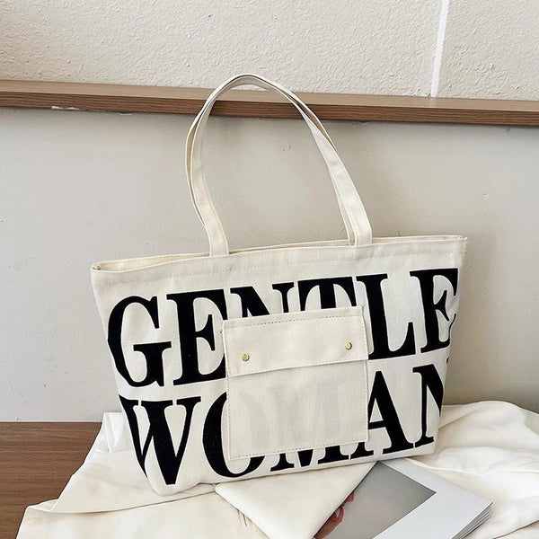 GW Large Capacity Letter Printed Canvas Tote Bag