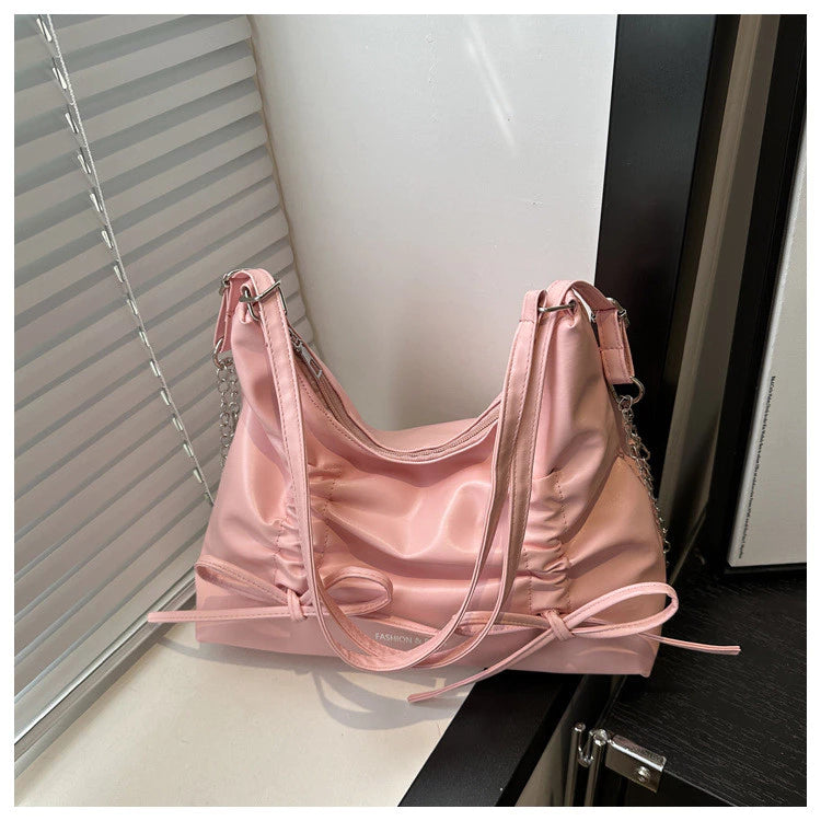 2-Way Soft Ruched Shoulder Bag with Chain Accent