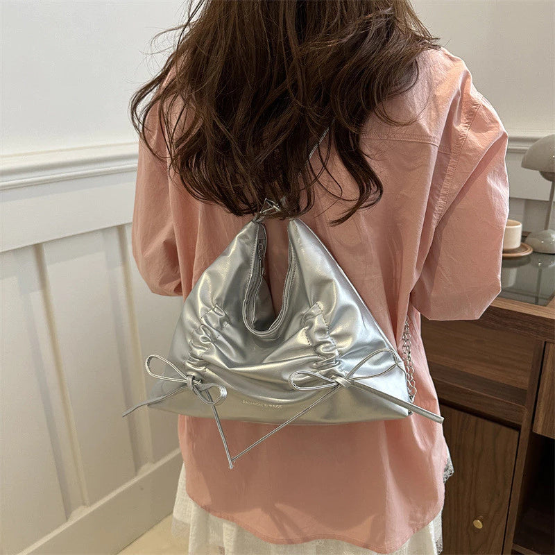 2-Way Soft Ruched Shoulder Bag with Chain Accent