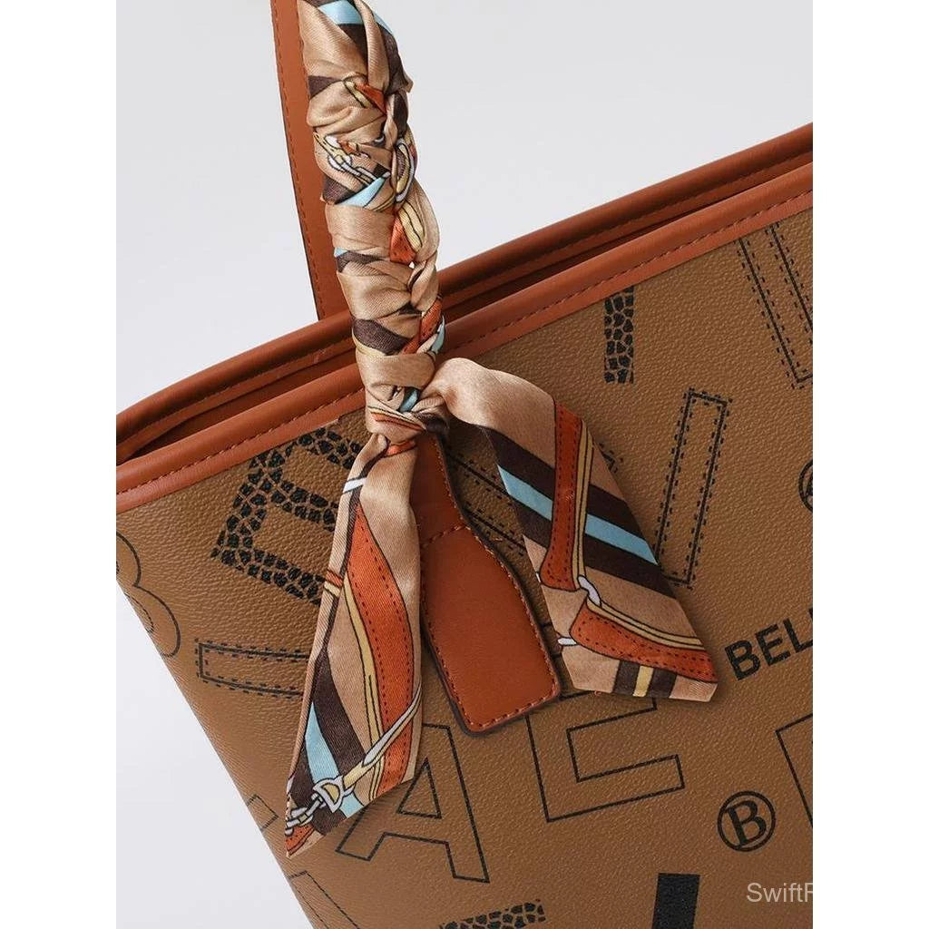 Premier High-End Leather Silk Scarf Tote Bag